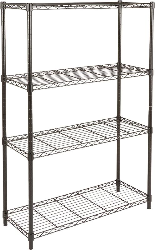 Photo 1 of Amazon Basics 4-Shelf Adjustable, Heavy Duty Storage Shelving Unit (350 lbs loading capacity per shelf), Steel Organizer Wire Rack, Black (36L x 14W x 54H) - LOOSE HARDWARE.
