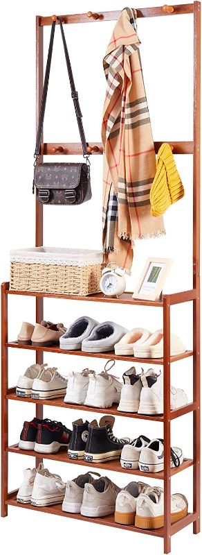 Photo 1 of Wisfor Hall Tree Coat Rack for Entryway Bamboo Coat Shoe Organizer with 5-Tier Shelves and 8 hooks for Entryway Hallway

