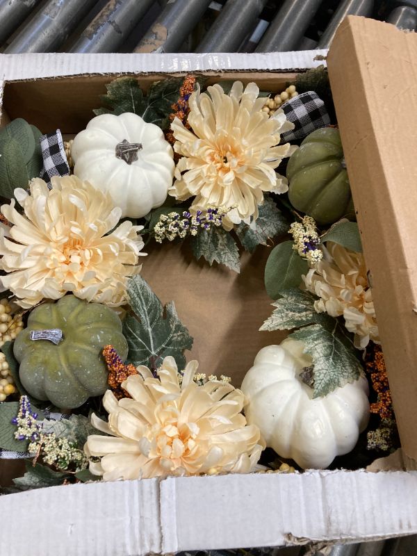 Photo 2 of 24" Fall Lighted Pumpkin Wreath,Vlorart Fall Harvest Wreaths for Front Door with White Green Pumpkins Maple Leaves, Autumn Thanksgiving Wreath for Halloween Wall Fireplace Party Decor Indoor Outdoor Autumn Pumpkin