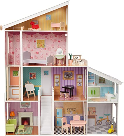Photo 1 of Amazon Basics 4-Story Wooden Dollhouse with Furniture Accessories for 12-Inch Dolls