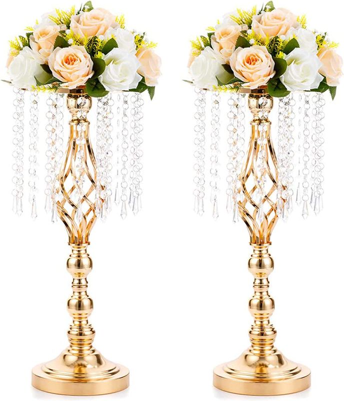 Photo 1 of 2 Pcs 19.3 inches Gold Centerpieces Table Tall Crystal Flower Stand Wedding Road Lead Tall Flower Holders Centerpiece Crystal Flower Chandelier Metal Flower Vase for Reception Tables Wedding Supplies
