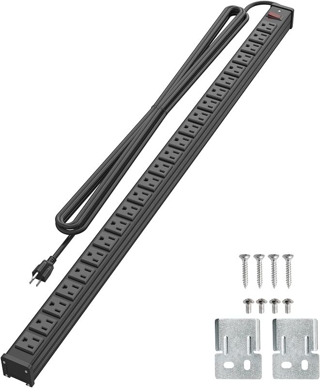 Photo 1 of 24 Outlet Metal Power Strip, Long Heavy Duty Surge Protector with 9.8FT Extension Cord, ETL Listed, Wall Mount Power Strip for Office Warehouse Garage Studio, Black
