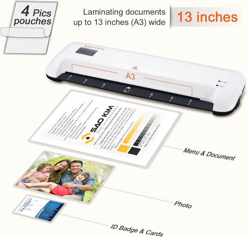 Photo 2 of Thermal Laminator, 13 Inches Width Laminating Machine for A3/A4/A6, 3 Min Fast Warm-up with 12 inches/min Quick Laminating Speed, Quiet for Office/School/Home Use, Includes Laminating Pouches, L309-A
