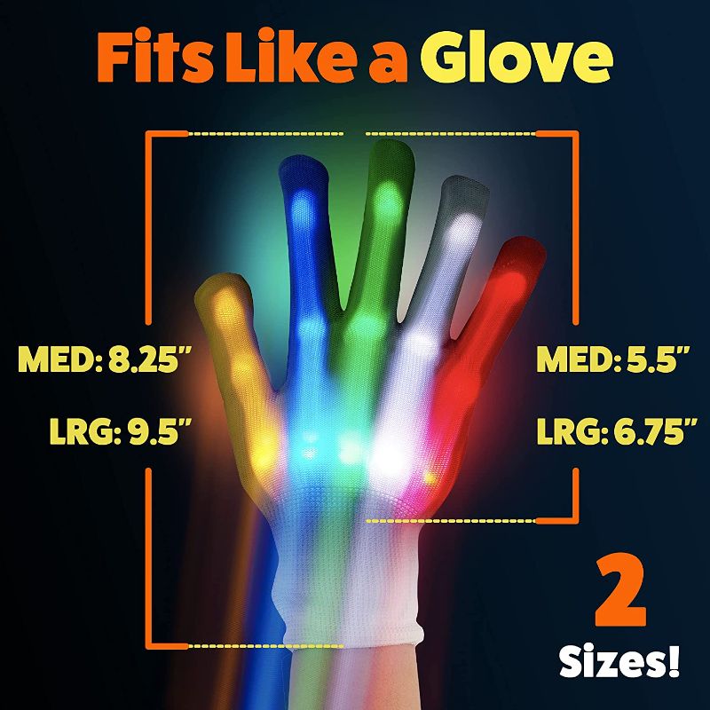 Photo 2 of 5 pairs  PartySticks LED Gloves for Kids - Skeleton Light Up Gloves for Kids with 5 Colors and 6 Flashing LED Modes, LED Finger Lights Sensory Toy Glow in The Dark Gloves Kids Large, White Large White