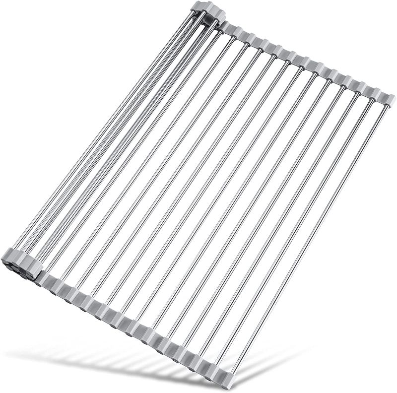 Photo 1 of Attom Tech Home Dish Drying Rack, Roll Up Dish Racks Multipurpose Foldable Stainless Steel Over Sink Kitchen Drainer Rack for Cups Fruits Vegetables
