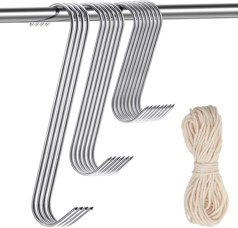 Photo 1 of 19 Pcs Meat Hook Stainless Steel Smoker Hooks Includes Cotton Butchers Twine String Kitchen S Hook Hanging Smoker Hooks Meat Smoker Accessories for BBQ Curing Roasting
