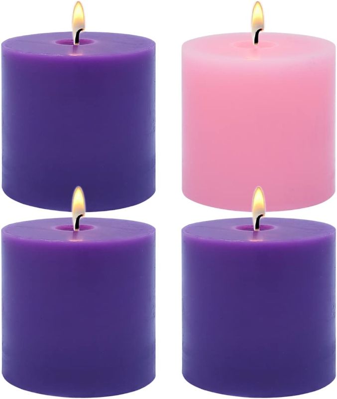 Photo 1 of 3×3 Inch Advent Pillar Candles, 3 Purple and 1 Pink Seasonal Celebration Candles for Advent Wreath and Christmas Decorations, Long-Lasting Slow-Burning Dripless Candles
