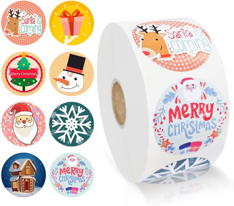 Photo 1 of 2 PACKS Christmas Holiday Stickers in 8 Designs( 1000 Pcs ), Non-Toxic and Waterproof Self Adhesive Round Stickers, Popular Decorations for Christmas Parties, Favors for Boys and Girls
