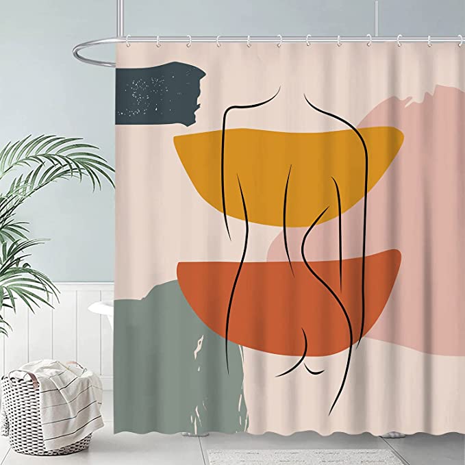 Photo 1 of AOKE Abstract Woman Shower Curtain Boho Mid Century Minimalist Shapes Line Girl Portrait Modern Art Shower Curtains Set Bathroom D¨¦cor Waterproof Polyester Fabric 72x72 Inch 