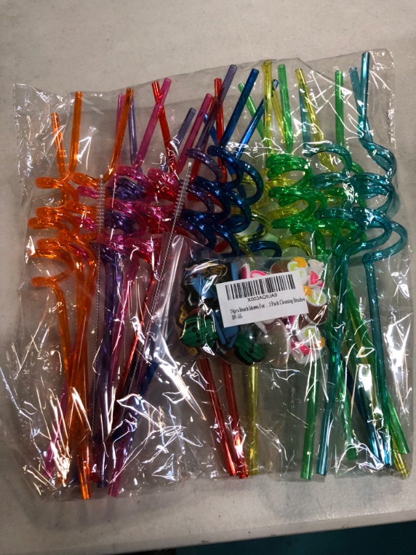 Photo 2 of 24 Pcs Summer Beach Pool Party Favor Drinking Straws Summer Party Favor for Pool Birthday Party Supplies Reusable Plastic Drinking Straws 2 Pcs Cleaning Brushes inside