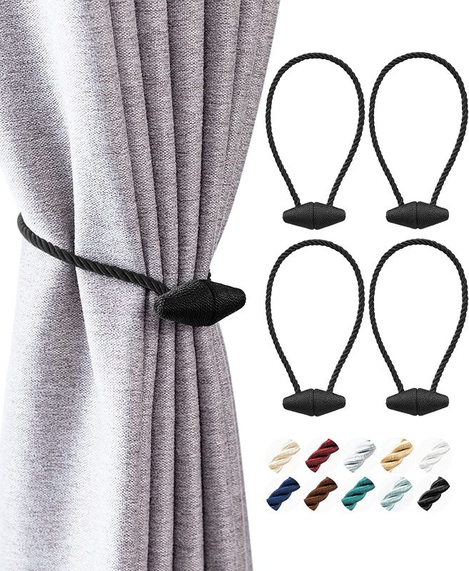 Photo 1 of ALEXICS Magnetic Curtain Tiebacks, 4 Pcs 16” Window Treatment Holdbacks for Blackout /Sheer, Upgraded Twisted Rope Ties Suit for Indoor/Outdoor Drapery - Black
