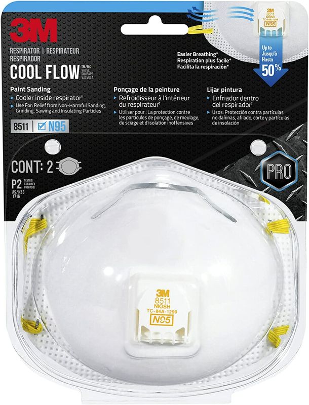 Photo 1 of 3M Respirator, N95, Cool Flow Valve, Paint Sanding, Filter Media, Stretchable, Exhalation Valve Helps Direct Exhaled Air Downward Allows For Easy Breathing, 2-Pack
