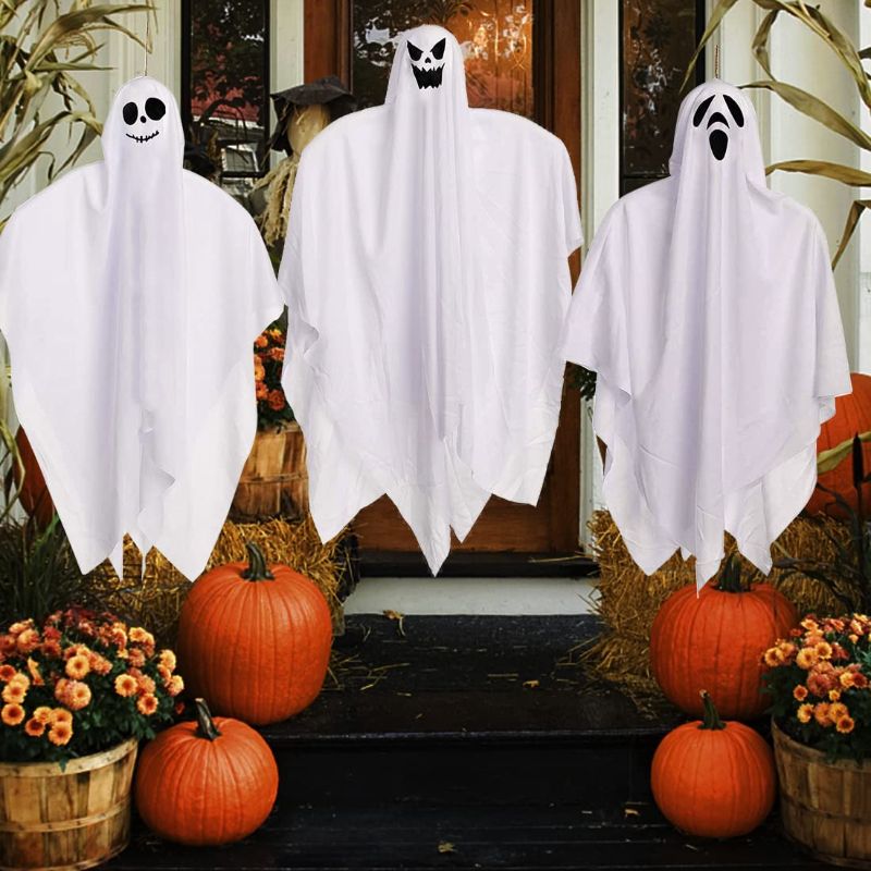 Photo 1 of 3 Pack Halloween Hanging Ghost Decorations, 35.5" Flying Ghosts, White Flying Ghost Halloween Ghost Hangings for Halloween Party Front Yard Patio Lawn Garden Party Décor and Holiday Decorations
