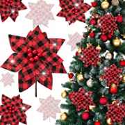 Photo 1 of 30 Pcs Poinsettias Artificial Christmas Flowers Buffalo Plaid Poinsettias Christmas Tree Ornaments Red Black Christmas Flowers Christmas Poinsettias for Rustic Christmas Tree Wreaths Garland Decor++++factory sealed
