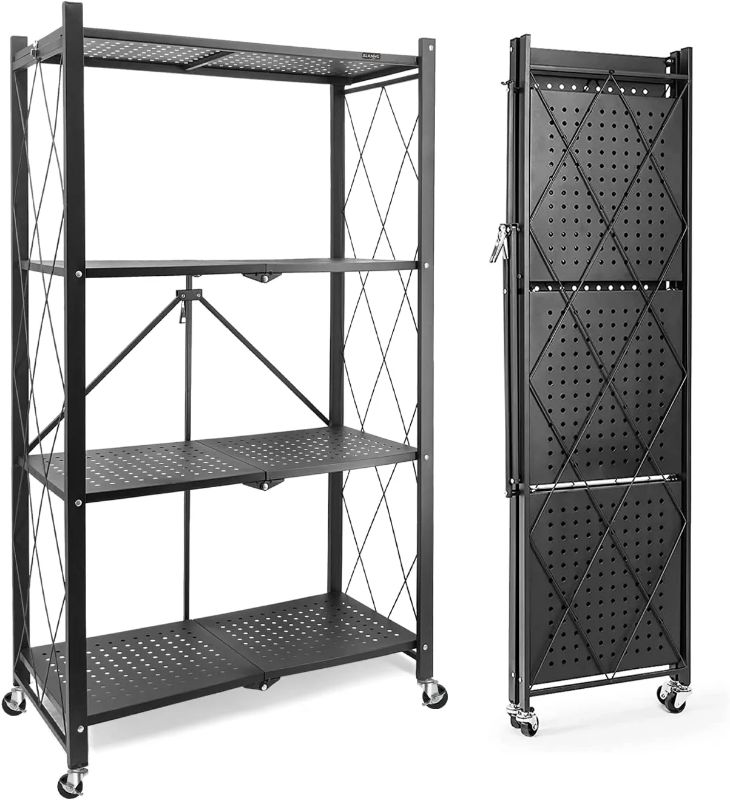 Photo 1 of 4-Shelf Foldable Metal Shelving Units Storage Shelves for Garage Kitchen Bakers Closet, Collapsible Organizer Rack, Heavy Duty on Wheels  -- MINOR SCRATCHES --

