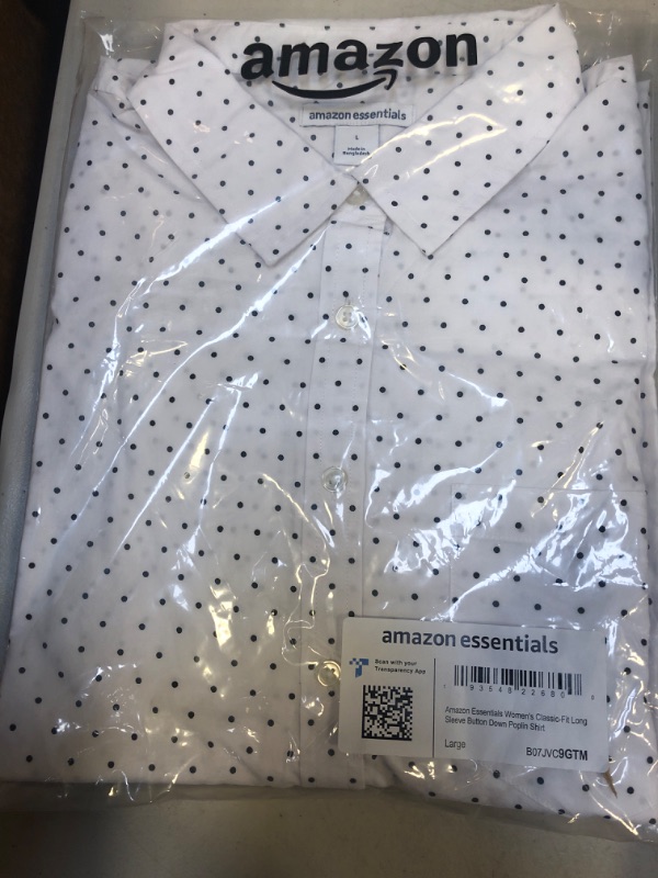 Photo 2 of Amazon Essentials Women's Classic-Fit Long-Sleeve Button-Down Poplin Shirt  SIZE L -- FACTORY SEALED --
