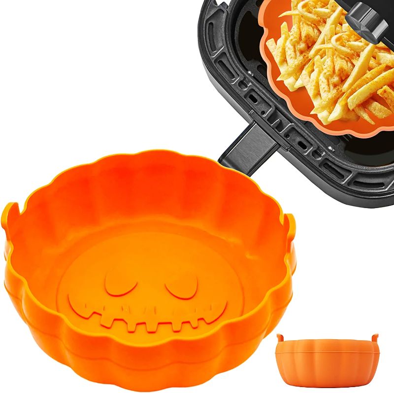 Photo 1 of 2 Packs Halloween Pumpkin Air Fryer Silicone Pot,Food Safe Air fryers Oven Accessories,Reusable Air Fryer Silicone Liner,Replacement for Flammable Parchment Liner Paper 8 inch (4-7QT)
