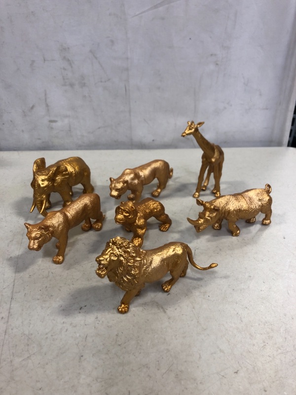 Photo 2 of 7 Pcs Safari Animal Birthday Centerpiece Jungle Gold Wild Animals Figurines Cake Topper and Palm Leaves Set for Jungle Safari Baby Shower Decorations Theme Party Supplies