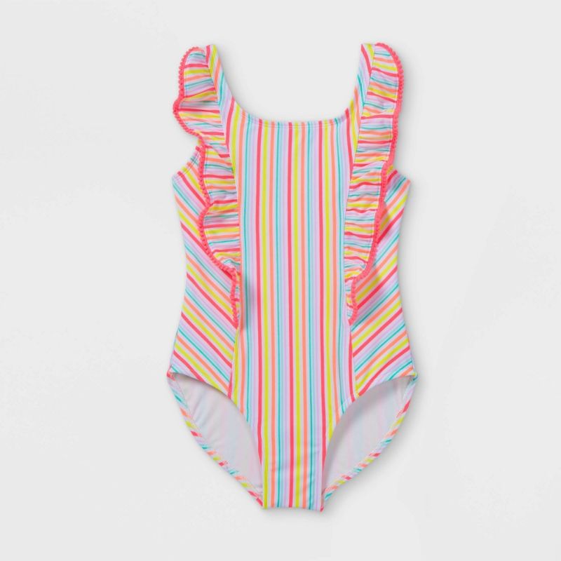 Photo 1 of Girls' Striped Ruffled One Piece Swimsuit- Cat & Jack - Size XS (4/5)