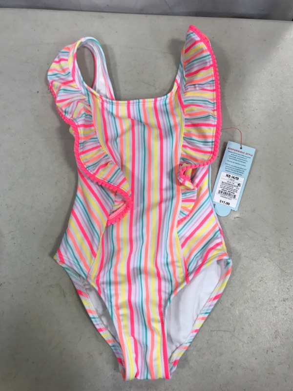 Photo 2 of Girls' Striped Ruffled One Piece Swimsuit- Cat & Jack - Size XS (4/5)