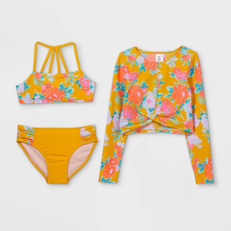 Photo 1 of Girls' Floral Print 3pc Bikini Set - Art Class - Size XS (4/5) 