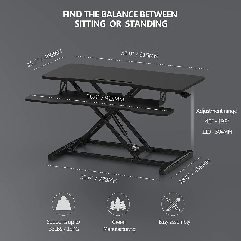 Photo 2 of FITUEYES Height Adjustable Standing Desk 36” Wide Sit to Stand Converter Stand Up Desk Tabletop Workstation for Laptops Dual Monitor Riser Black SD309101WB