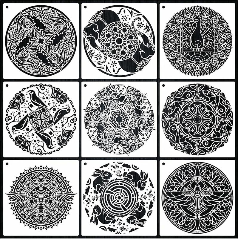 Photo 1 of 12x12 Inch New Animal Theme Mandala Stencil, 9 Pack Large Reusable Stencil Mandala Stencil Laser Cut Painting Template for Floor Wall Tile Fabric Furniture Stencils Painting
