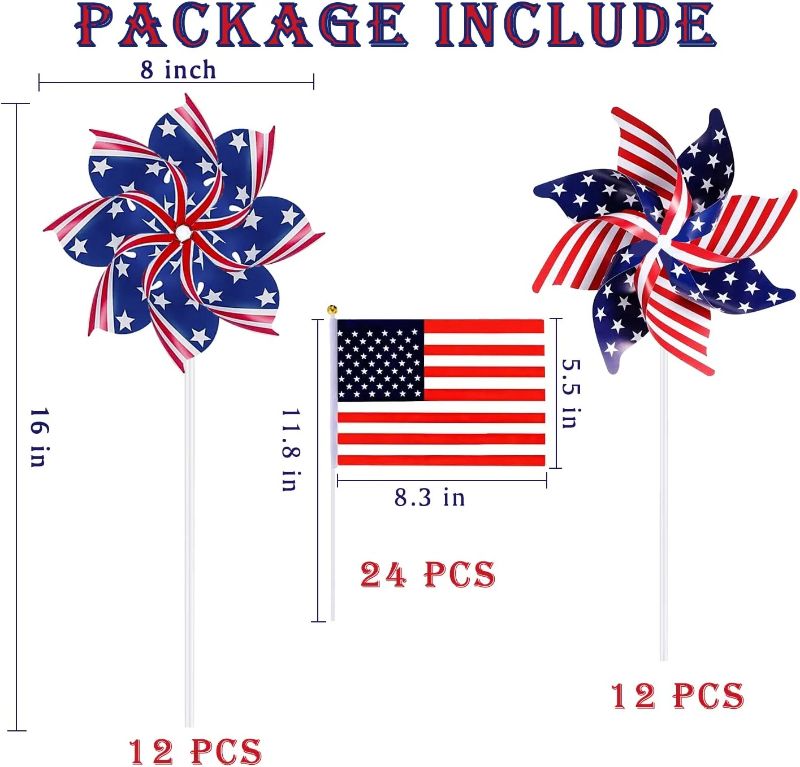 Photo 1 of 48 pcs Independence Day Patriotic Pinwheels and Flags 4th of July Decorations American Patriotic Favors for Outdoor Gardern Party Supplies