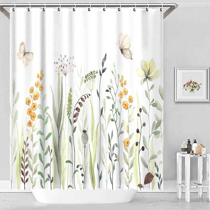 Photo 1 of AOKE Floral Shower Curtain 60 x72 Inches, Waterproof Fabric Watercolor Green and Yellow Plant Leaves Bathroom Shower Curtains Set with 10 Plastic Hooks, Weighted Hem, Durable, Washable (Yellow)