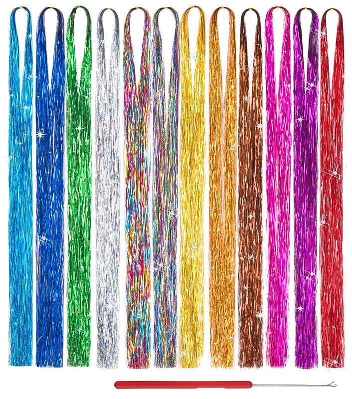 Photo 1 of 47 Inch 12 Colors Hair Tinsel With Tool Sparkling Dazzle Glitter Shiny Hair Extensions Hair Silk Tinsel?47 inch,12 Color,2400 Strands ?
