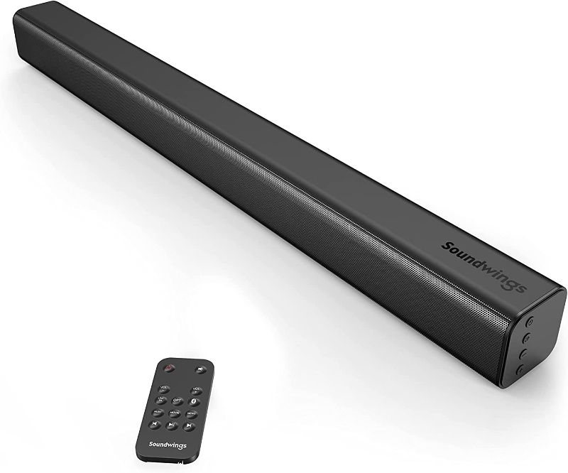 Photo 1 of Sound Bar, SOUNDWINGS 26-Inch Soundbar for TV, 3D Surround Sound Audio System, Bluetooth 5.1/USB Connectivity, Button/Remote Control, for 4K & HD TV, 3 Equalizer Mode for Home Theater/Gaming/Projector
