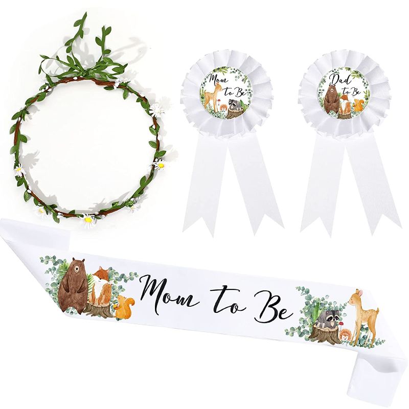 Photo 1 of 4 Pieces Mom to Be Sash for Woodland, Baby Shower Sash Mom to Be Corsage with Sage Green Leaf Crown Dad to Be Corsage Set Woodland Theme Baby Shower Party Favors for Maternity Girl Boy Gender Reveal  -- FACTORY SEALED --