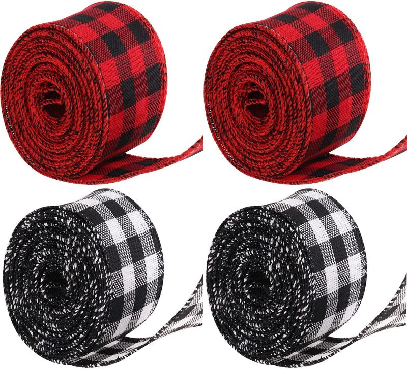 Photo 1 of 4 Rolls White Red Wired Edge Ribbon Christmas Plaid Ribbon and Burlap Craft Ribbon for DIY Wrapping Party Crafts Decor (4, White Red)  -- FACTORY SEALED --
