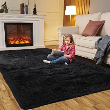 Photo 1 of Area Rugs for Bedroom Living Room, 8ft x 10ft Black Fluffy Carpet for Teens Room, Shaggy Throw Rug Clearance for Nursery Room, Fuzzy Plush Rug for Dorm