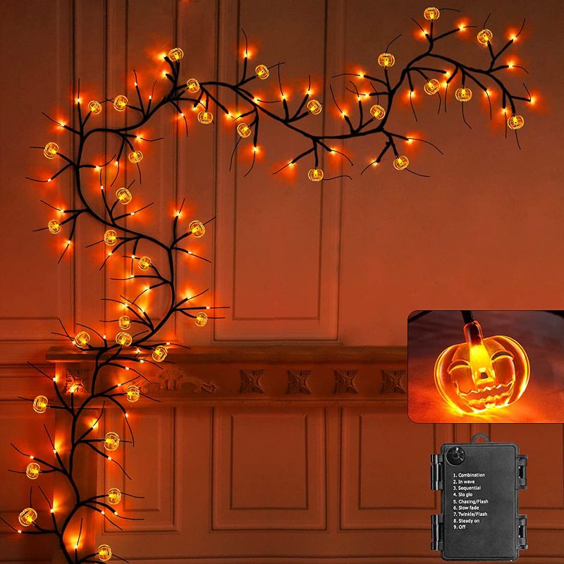 Photo 1 of [Extra Long] 9 Ft 72 LED Halloween Willow Vine Twig Decor Garland with 24 Pumpkins Orange Lights Timer 8 Modes Waterproof Battery Operated Halloween Decorations Home Wall Fireplace (Orange Pumpkins)
