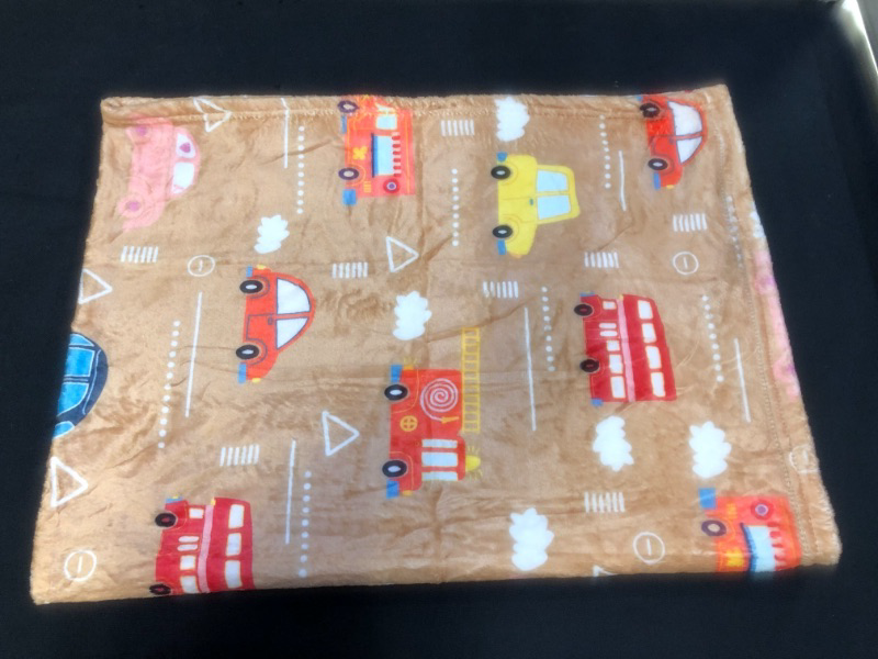 Photo 1 of BABY BLANKET, BROWN WITH CARS AND BUSES 