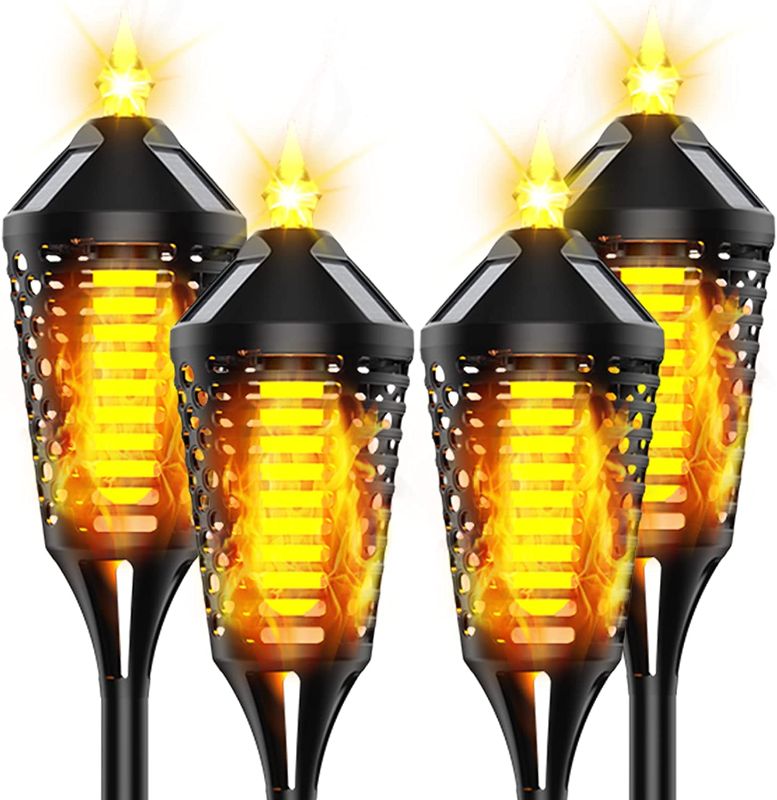 Photo 1 of BOYANG 4 Pack Solar Torch Lights Outdoor with Flickering Flame, Waterproof LED Fire Large Torches Light Auto On/Off, Solar Powered Landscape Lighting for Pathway, Patio and Garden Yard Decoration
