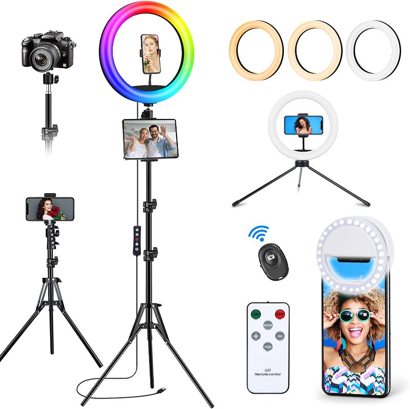 Photo 1 of 13" RGB Ring Light with 63" Stand and Phone Holder, 53 Lighting Effects, Remote Shutter, Tablet iPad Holder, Desk Tripod, Selfie Ringlight for iPhone. Vlogging Halo Led Circle Lights for Video Photo
