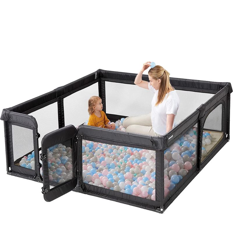 Photo 1 of Baby Playpen, Baby Gate Playpens for Babies and Toddlers, 79x71in Extra Large Playpen with Door Activity Center Play Yard for Baby Fence Indoor,Black ( USED ITEM ) 
