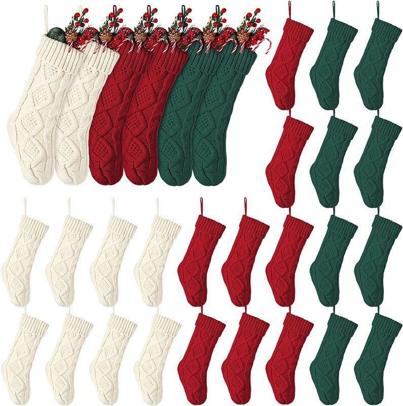 Photo 1 of BBTO 30 Pack Christmas Stockings 12 Inch, Cable Knitted Xmas Stocking Gifts Rustic Hanging Stockings Set for Holiday Christmas Party Decorations (Burgundy, Green, Ivory)