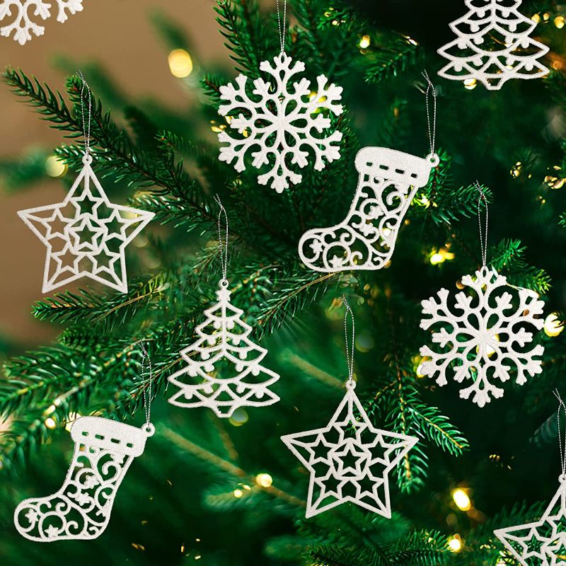 Photo 1 of 2 COUNT Glitter Snowflake Ornaments for Christmas Tree, 40pcs 4" White Christmas Snowflakes Decoration Hanging Decorations for Xmas Tree, Window, Door Holiday Party Wedding