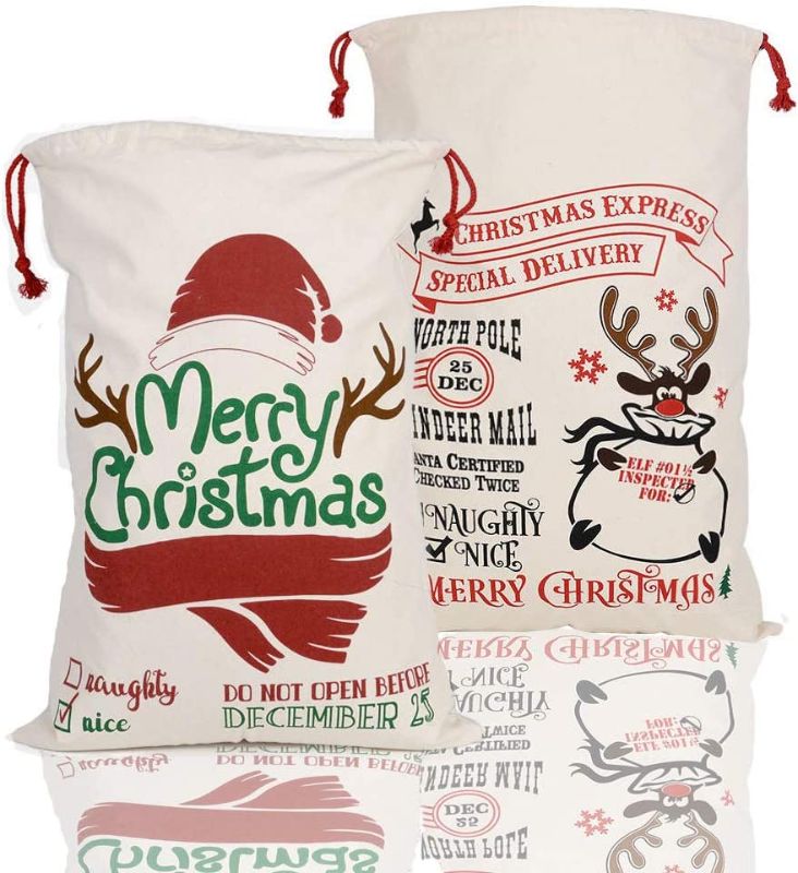 Photo 1 of 2pcs Christmas Large Santa Sack Drawstring Stocking Gift Bags Cotton Holiday Xmas Tree Presents Wrap for Nice Naughty Kids Adults 27 x 19 inches