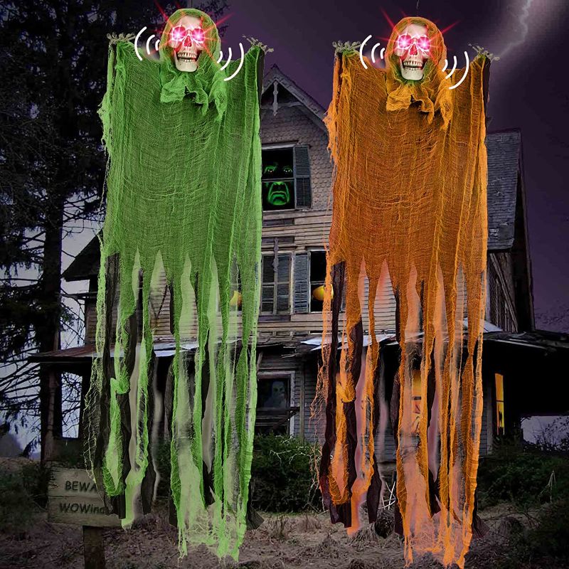 Photo 1 of 2 Pack Halloween Decorations Outdoor, 47" Ghost Hanging Decorations with Light-up Eyes and Sound Activation Function Scary Spooky Ghost Holiday Party Supplies Decor for Front Yard Patio Lawn Garden.