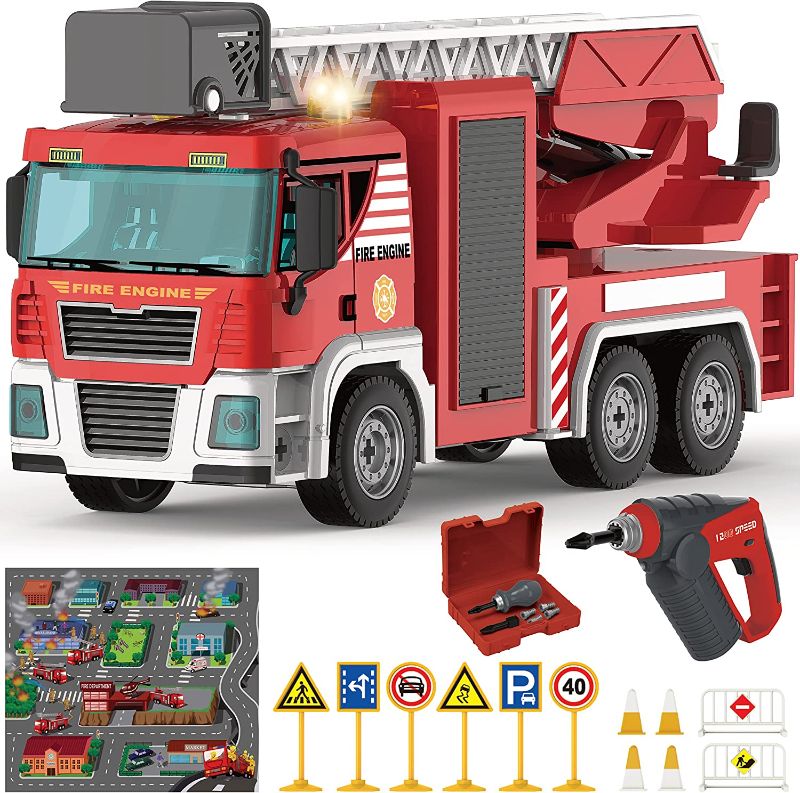 Photo 1 of Building Fire Truck Toys - 95 Pcs DIY Assembly Fire Truck STEM Toy with Drill, Push & Go Friction Power Lights & Sounds for Kids- Take Apart Vehicle Fire Trucks for Boys Ages 4 5 6 7 8 Years Old