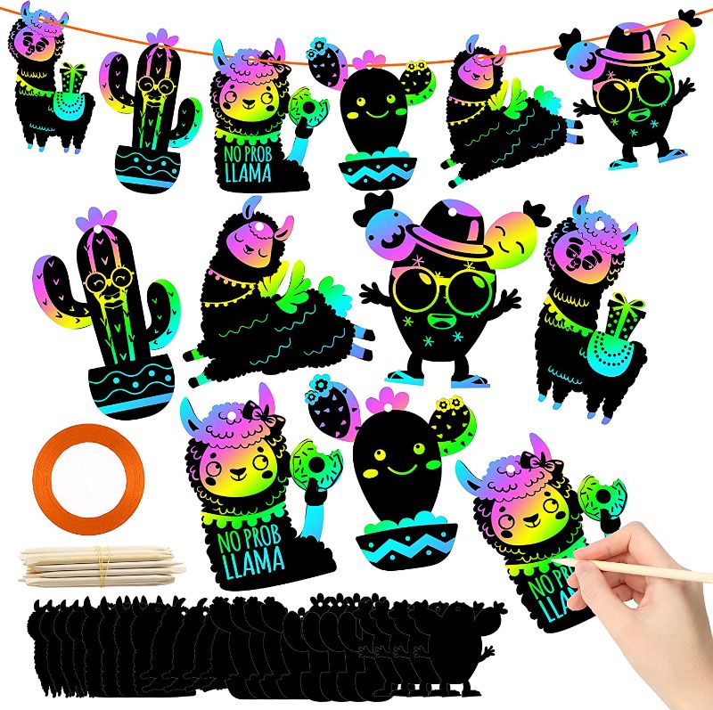 Photo 1 of 2 COUNT A1diee 60Pcs Scratch Paper Kit- Alpaca Cactus Rainbow Llama Fiesta Mexican Party Magic Scratch Paper Art Crafts DIY Scratch Paper Ornaments for Kids Birthday Party Favors Educational Games Activities