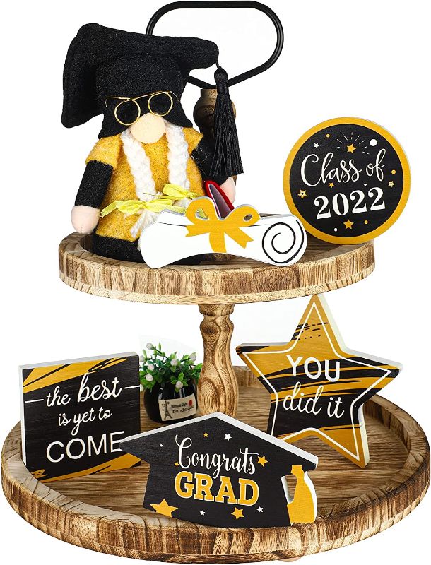 Photo 1 of 6 Pieces Graduation Tiered Tray Decorations Congrats Grad Wooden Signs Graduation Gnome Class of 2022 Cap Diploma for Graduation Party Favors Ceremony Table Centerpieces