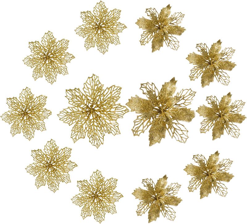 Photo 1 of 12 Pack Christmas Glitter Poinsettia Flowers 2 Styles of Artificial Flower for Christmas Tree Decoration 5.5-inch Gold