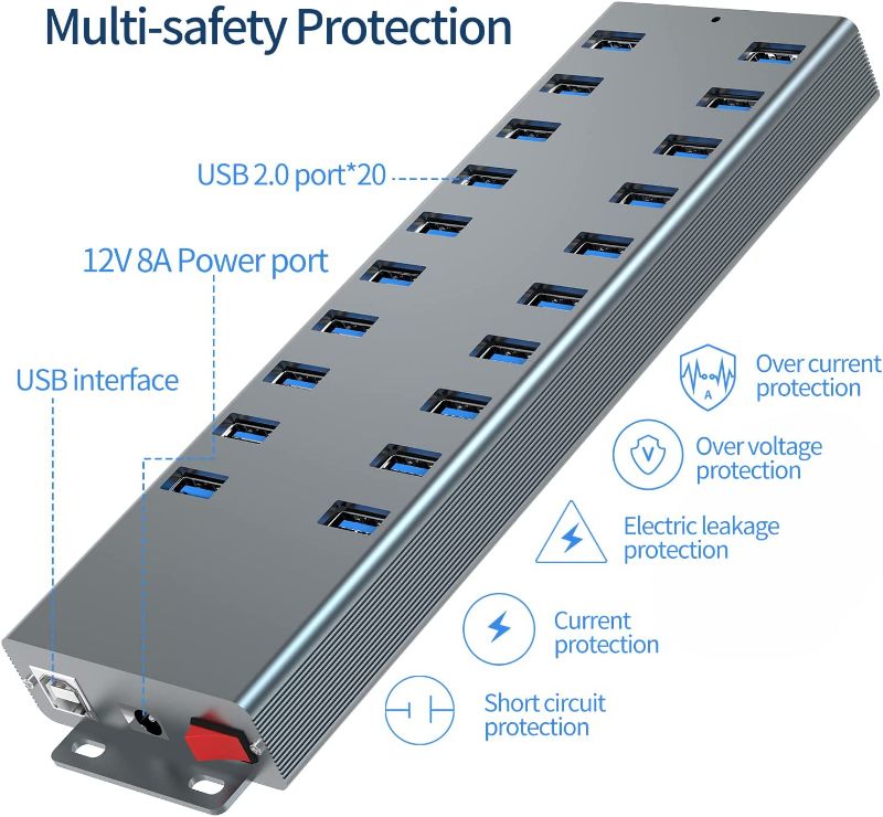 Photo 3 of Royata Powered USB Hub Industrial Grade USB 2.0 Hub 20 Port 12V/10 Power Support Charger Data Sync and Charging Station with Separate On/Off Switch and Light for Laptops, PCs,etc.