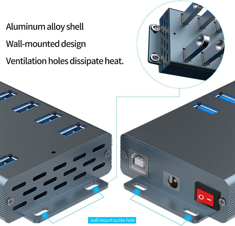 Photo 2 of Royata Powered USB Hub Industrial Grade USB 2.0 Hub 20 Port 12V/10 Power Support Charger Data Sync and Charging Station with Separate On/Off Switch and Light for Laptops, PCs,etc.