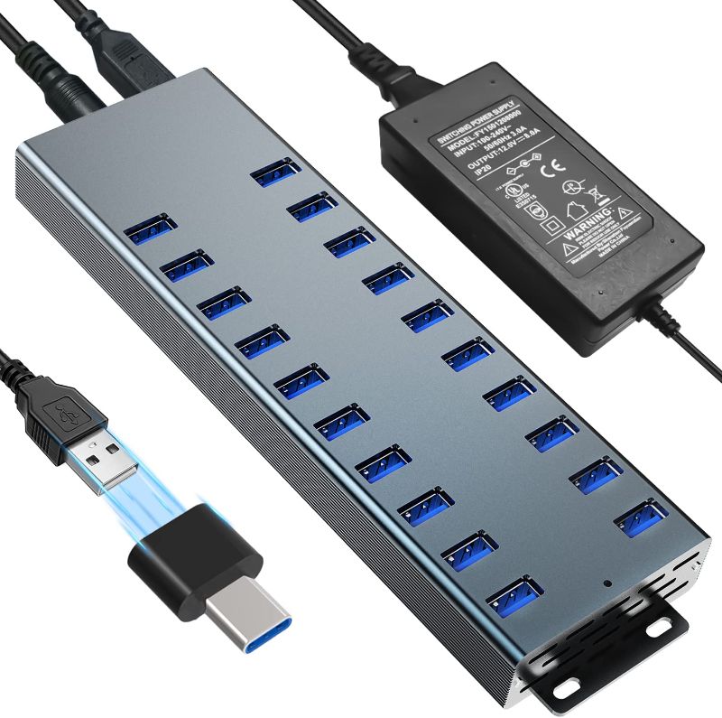 Photo 1 of Royata Powered USB Hub Industrial Grade USB 2.0 Hub 20 Port 12V/10 Power Support Charger Data Sync and Charging Station with Separate On/Off Switch and Light for Laptops, PCs,etc.